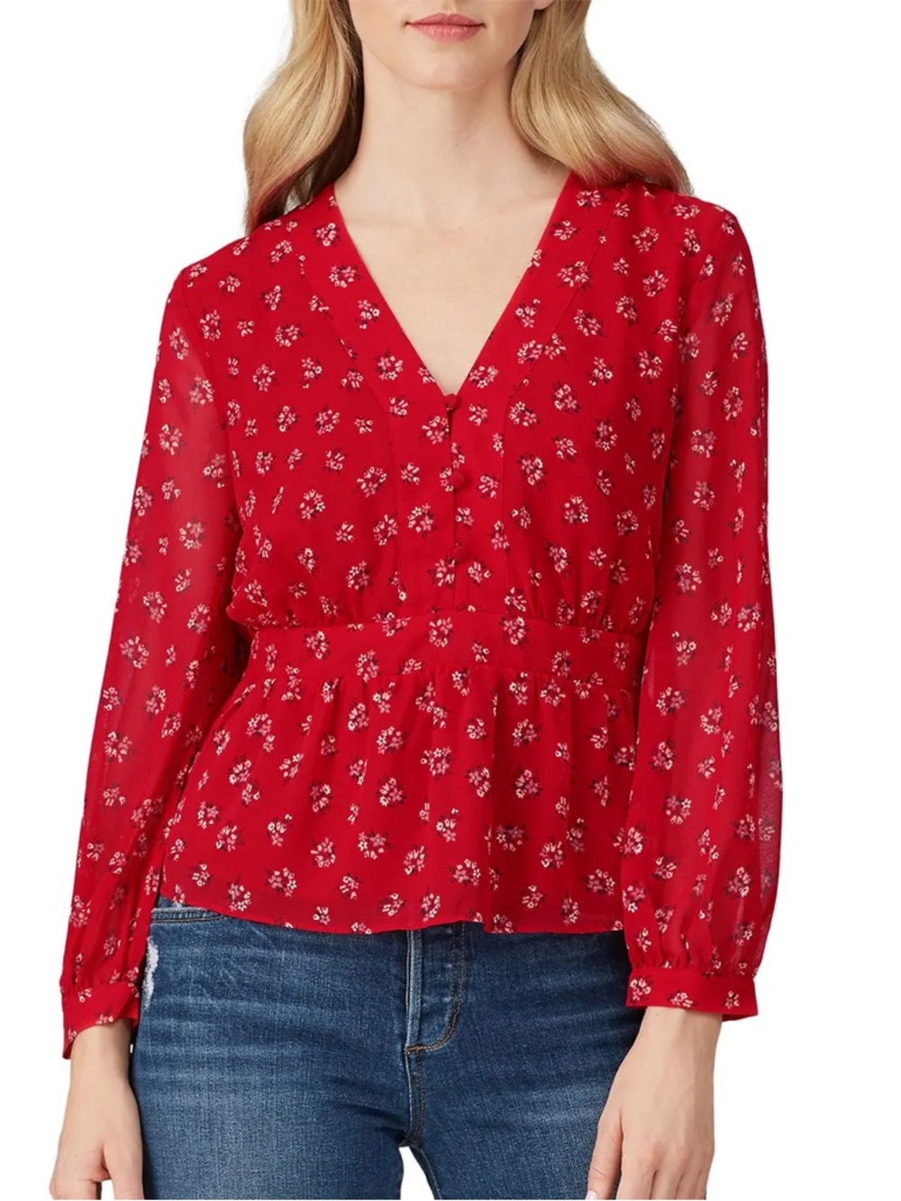 NWT Madewell Red Floral V-Neck Long-Sleeve Blouse
